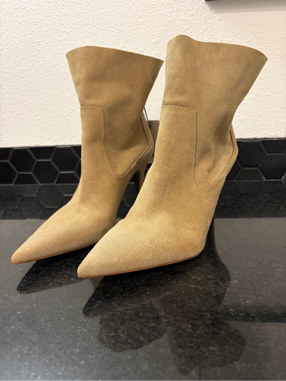 Zara Tan Suede Pointed-Toe Mid Heel Boots